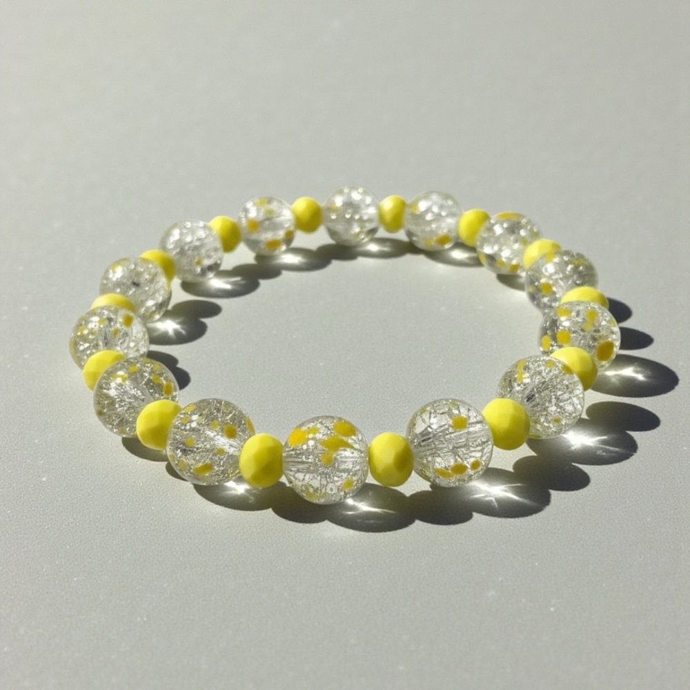 Handcrafted Buttercup Crackle Canary Yellow Rondelle Glass Stretch Bracelet